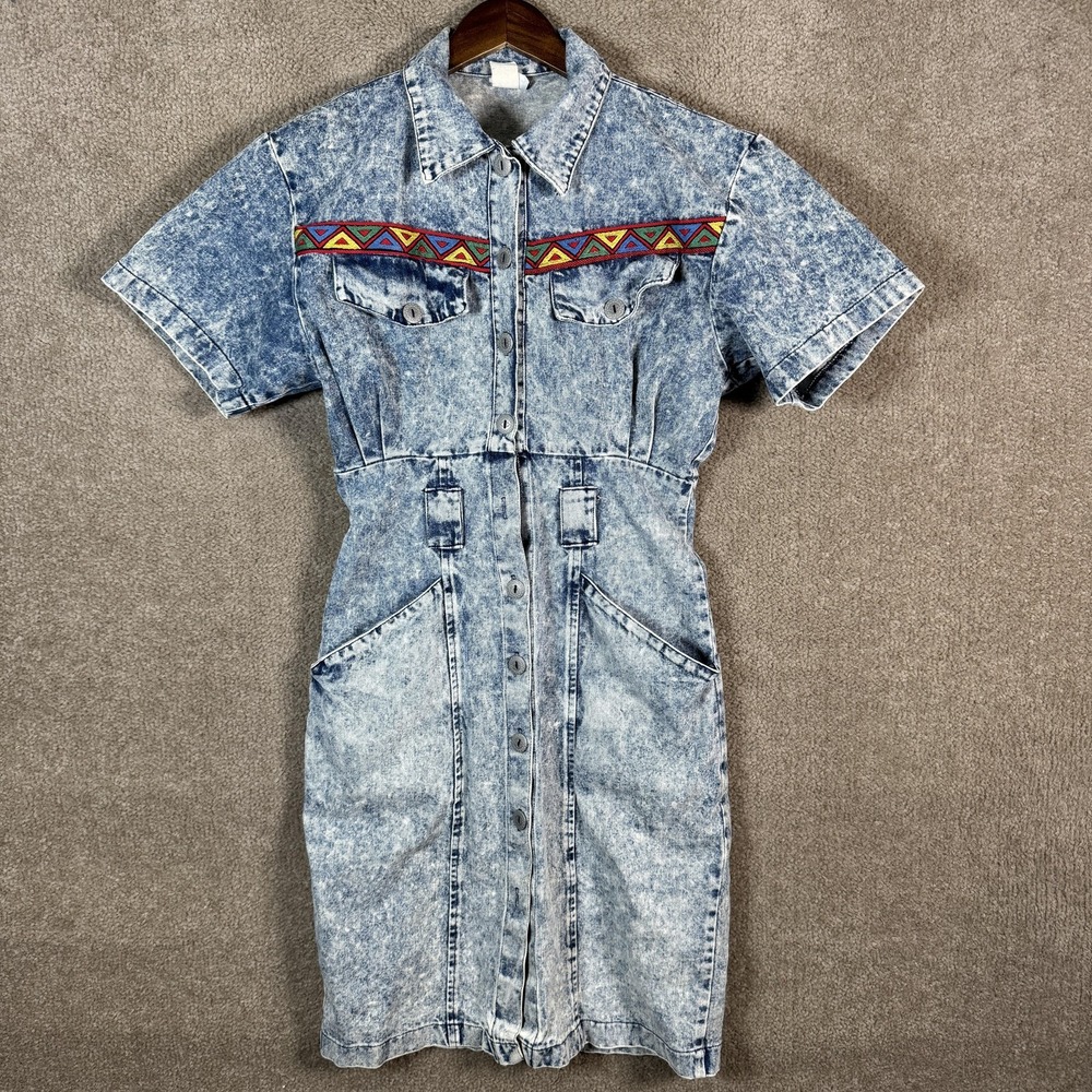 Vtg Oops California Denim Shirt Dress‎ Womens 7/9 Acid Wash Tribal Trim Grunge